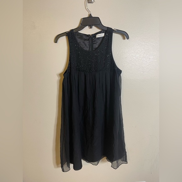 Calvin Klein Black Sleeveless Rhinestone Mini Silk Dress - Picture 1 of 5